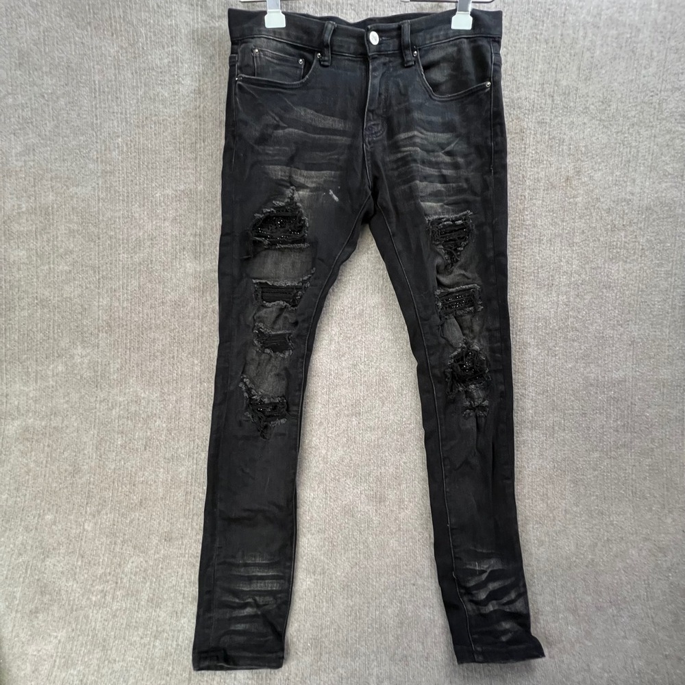 DOPE 29x32 Black Distressed Denim Jeans Rhinestone Embellished Slim Fit